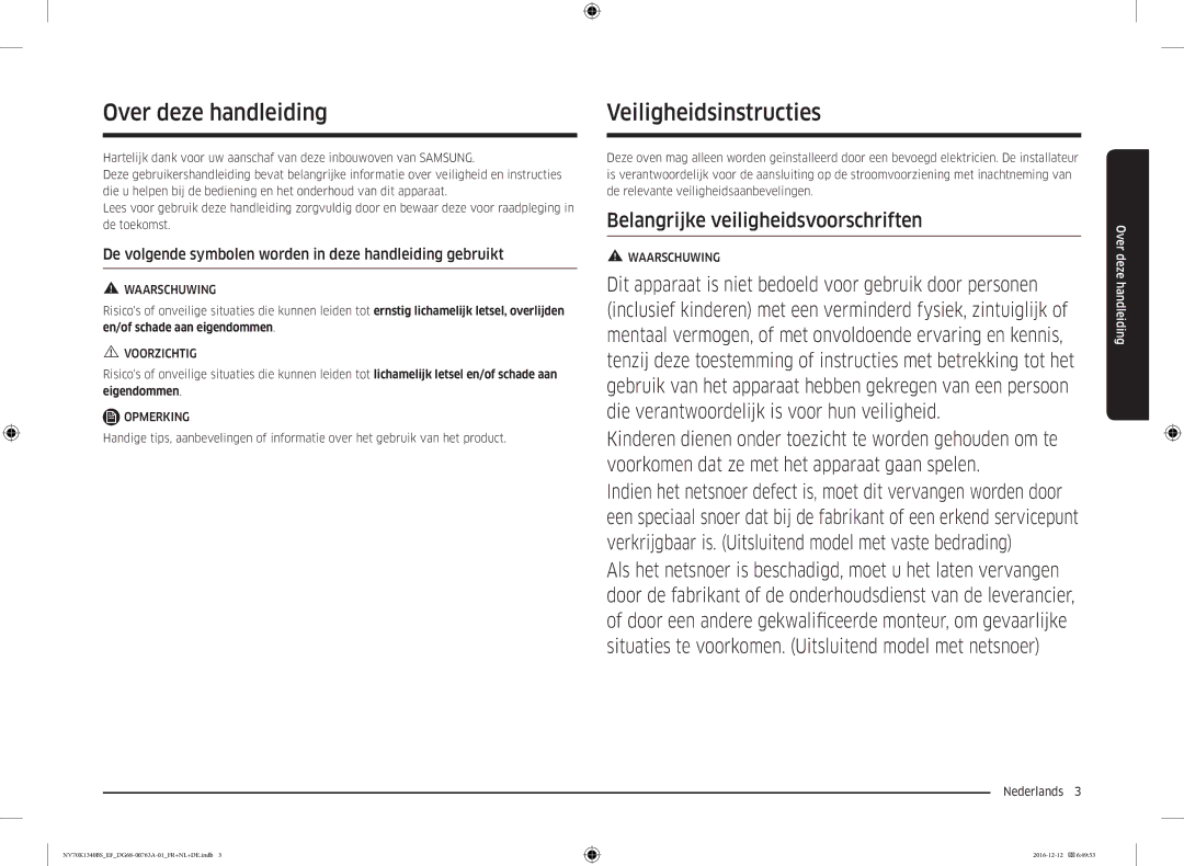 Samsung NV70K1340BB/EF, NV70K1340BS/EG, NV70K1340BS/EF manual Over deze handleiding, Veiligheidsinstructies, Nederlands  